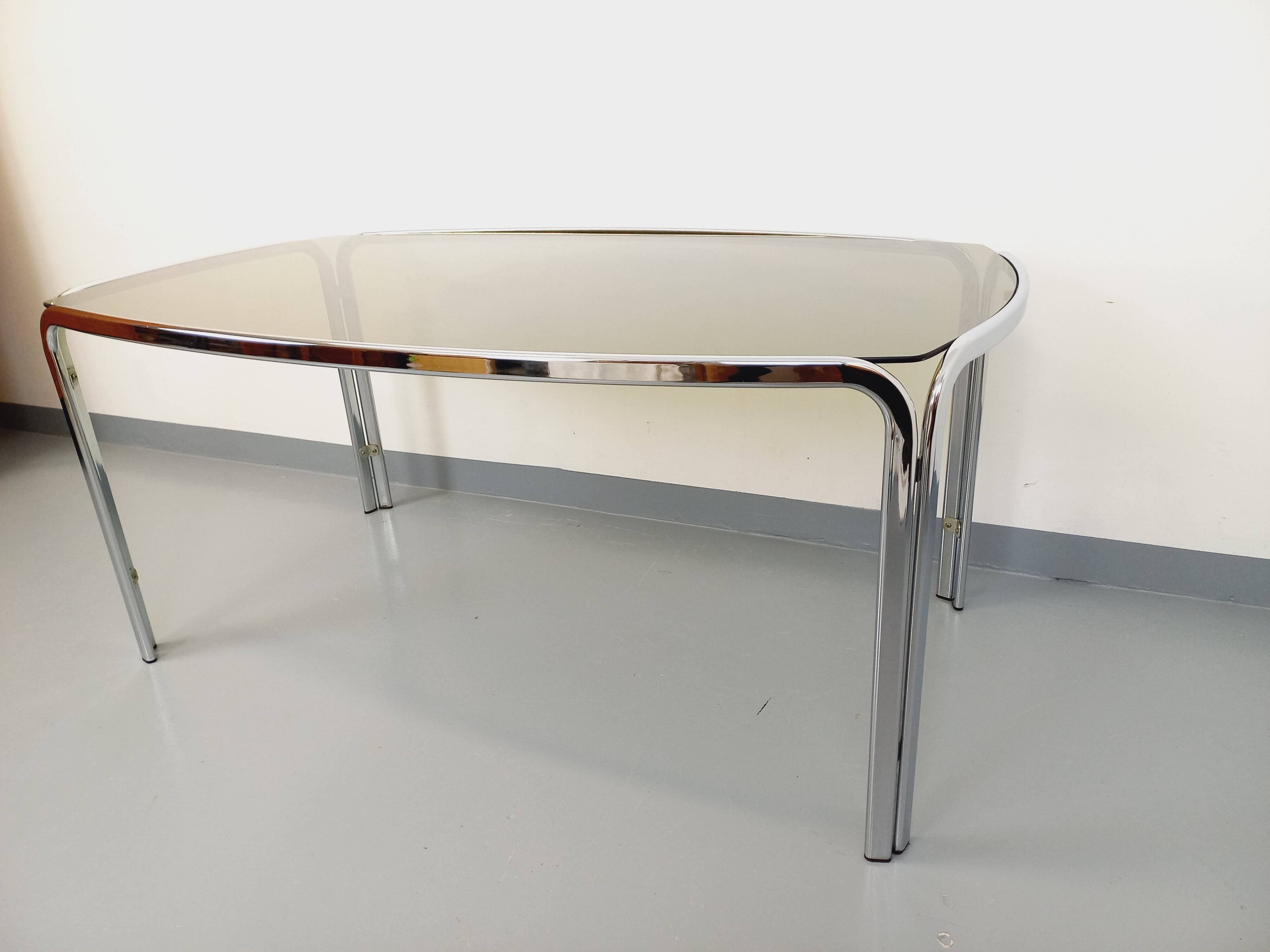Vintage curved rectangular dining table in smoked glass and chrome metal