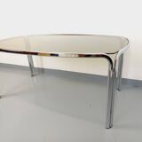 Vintage curved rectangular dining table in smoked glass and chrome metal