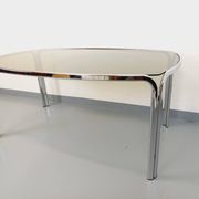 Vintage curved rectangular dining table in smoked glass and chrome metal