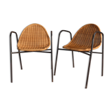 Pair of chairs / vintage armchairs in rattan and black lacquered metal