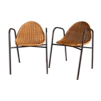 Pair of chairs / vintage armchairs in rattan and black lacquered metal