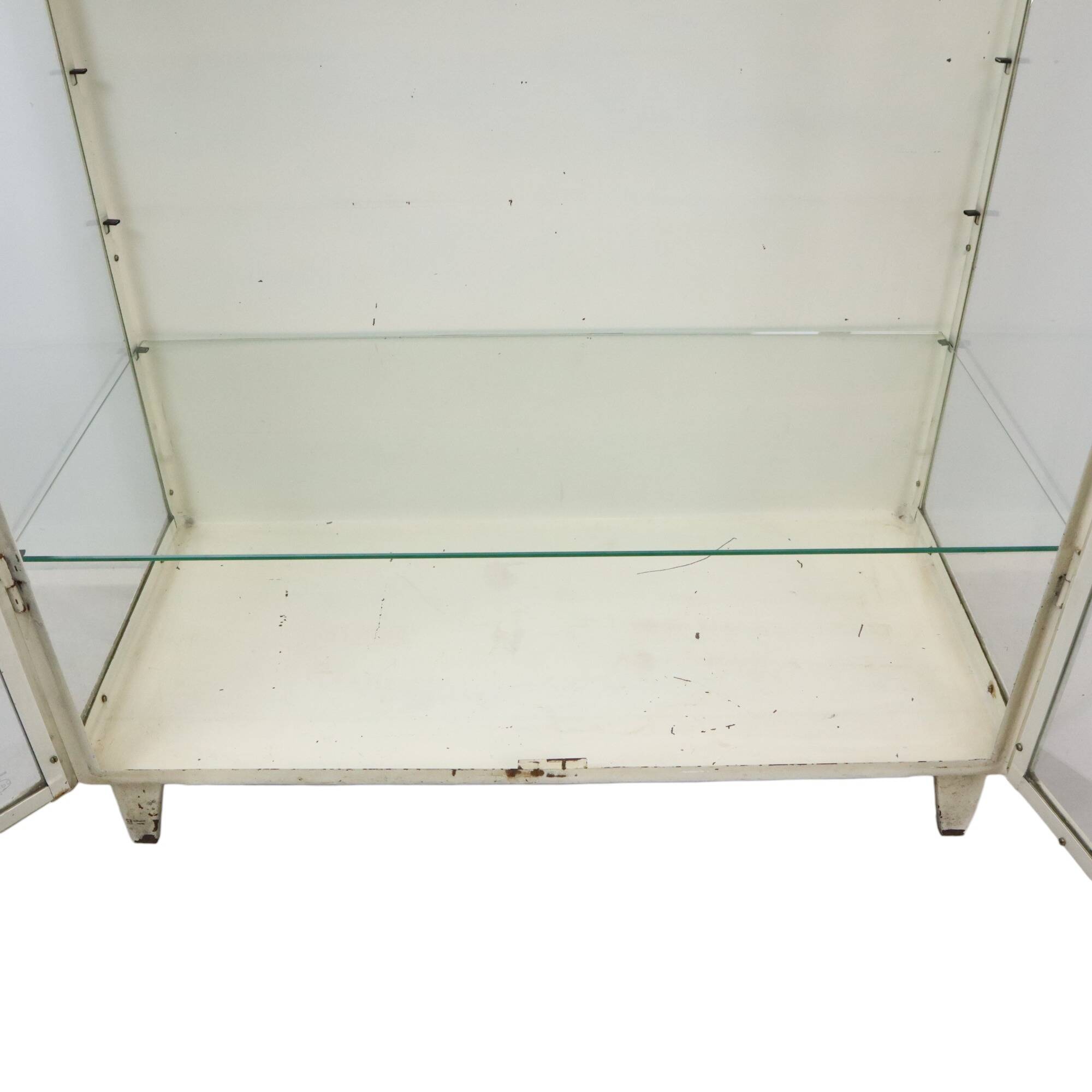 Old metal pharmacy cabinet medicine cupboard glass industrial 1950s