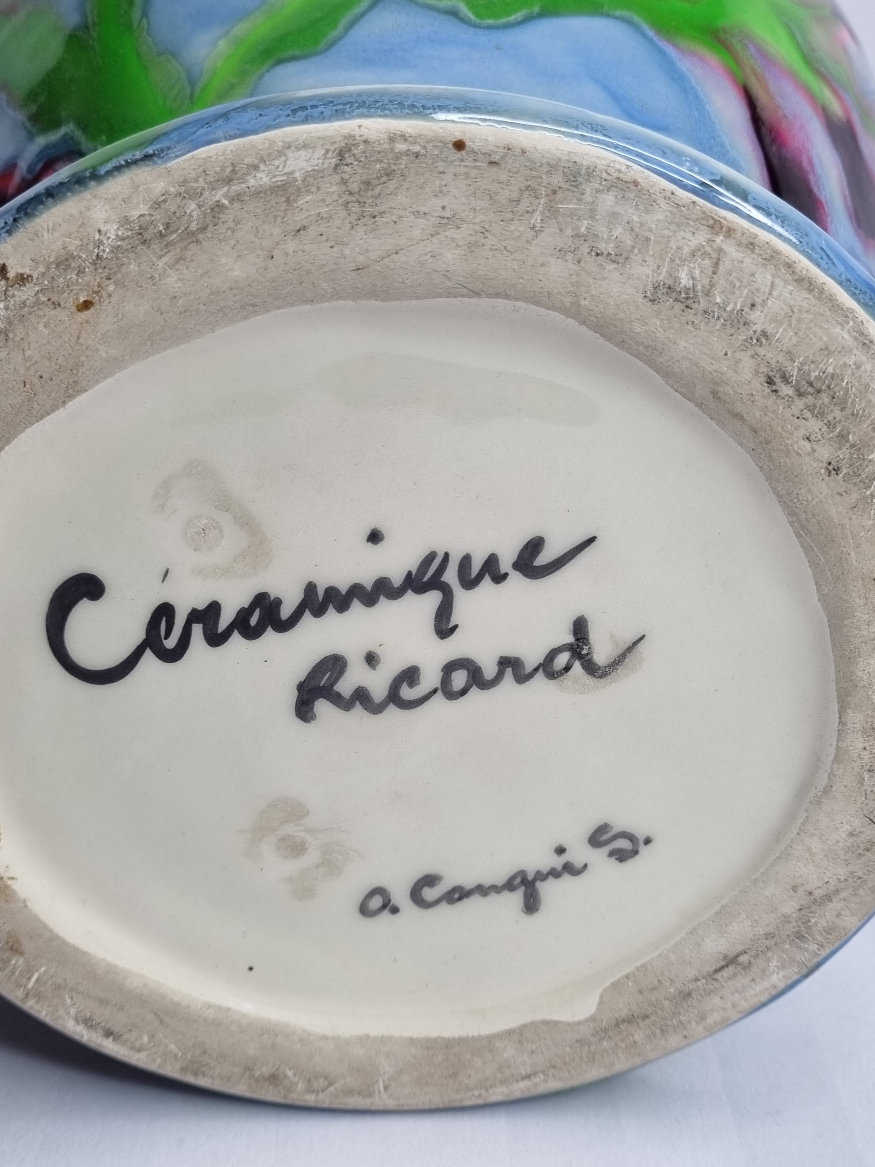 Ricard enamelled ceramic vase, signed, 28 cm