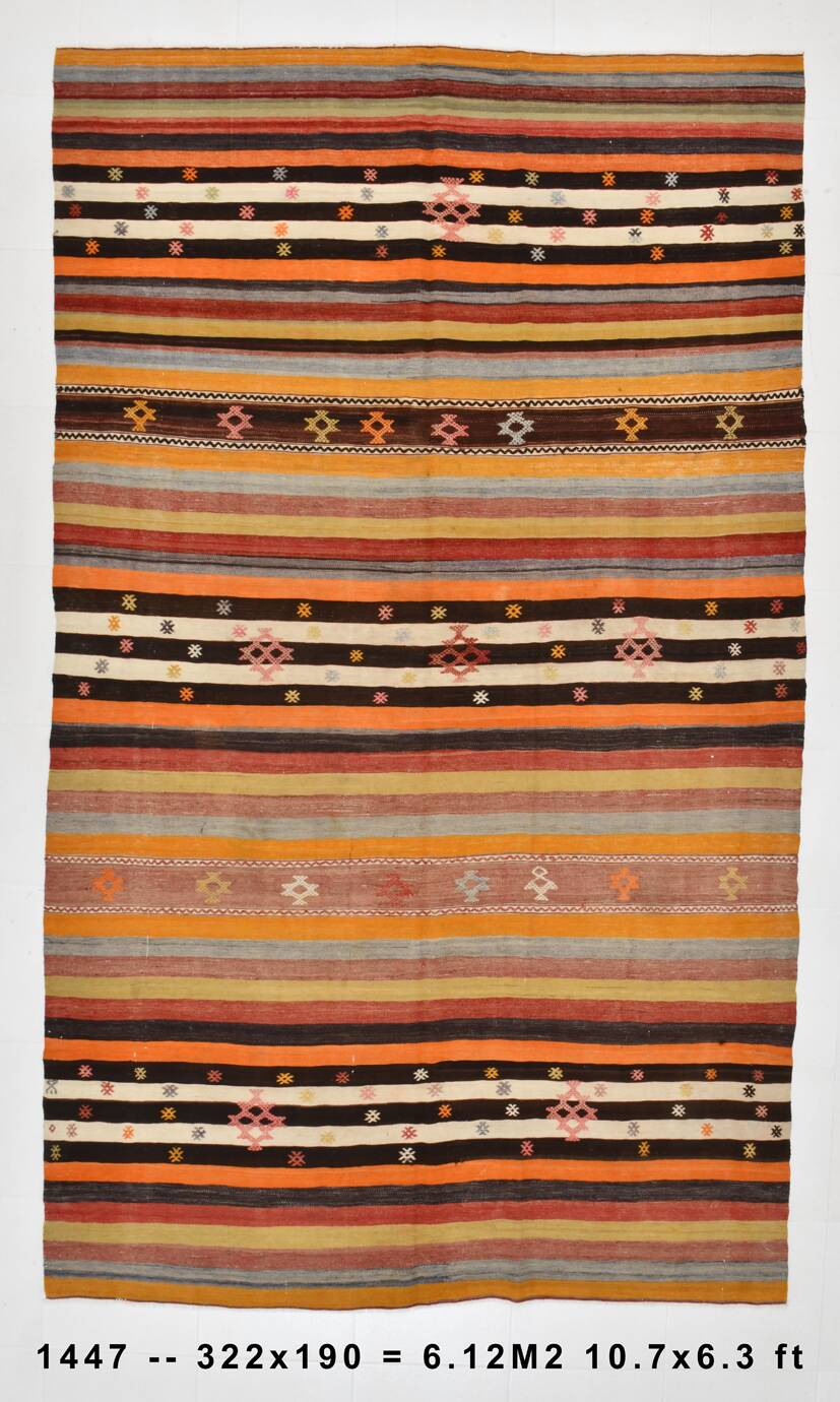 Tapis kilim vintage turc rayé multicolore à motifs géométriques, 190x320 cm
