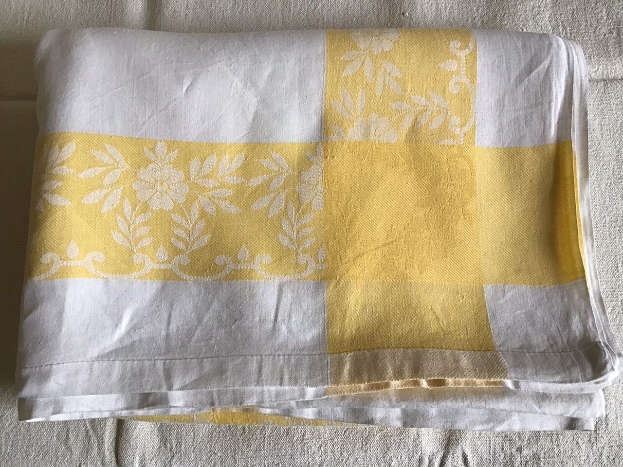 Large yellow and white vintage tablecloth