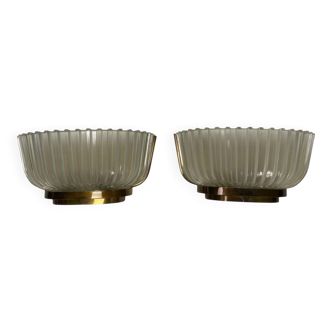 Mid-Century Wall Lamps in Brass and Glass, 1940s, Set of 2