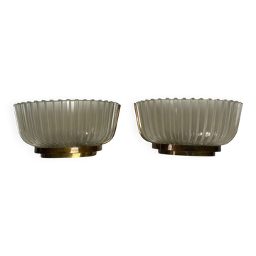 Mid-Century Wall Lamps in Brass and Glass, 1940s, Set of 2