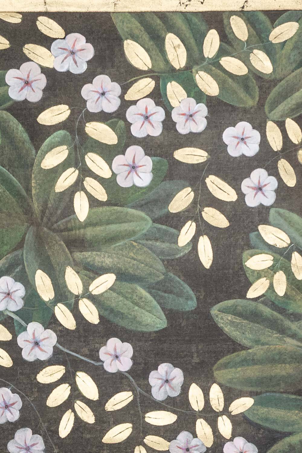 Painted canvas depicting flowers and birds. Contemporary work.