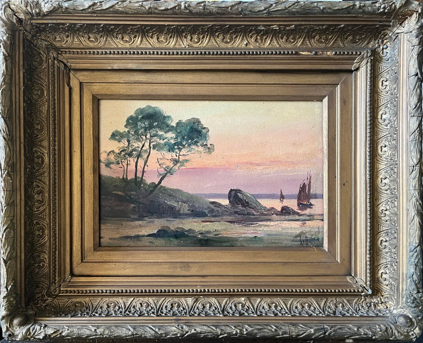 Emile gauffriaud (1877-1957) painting hsp seaside with sailing boats