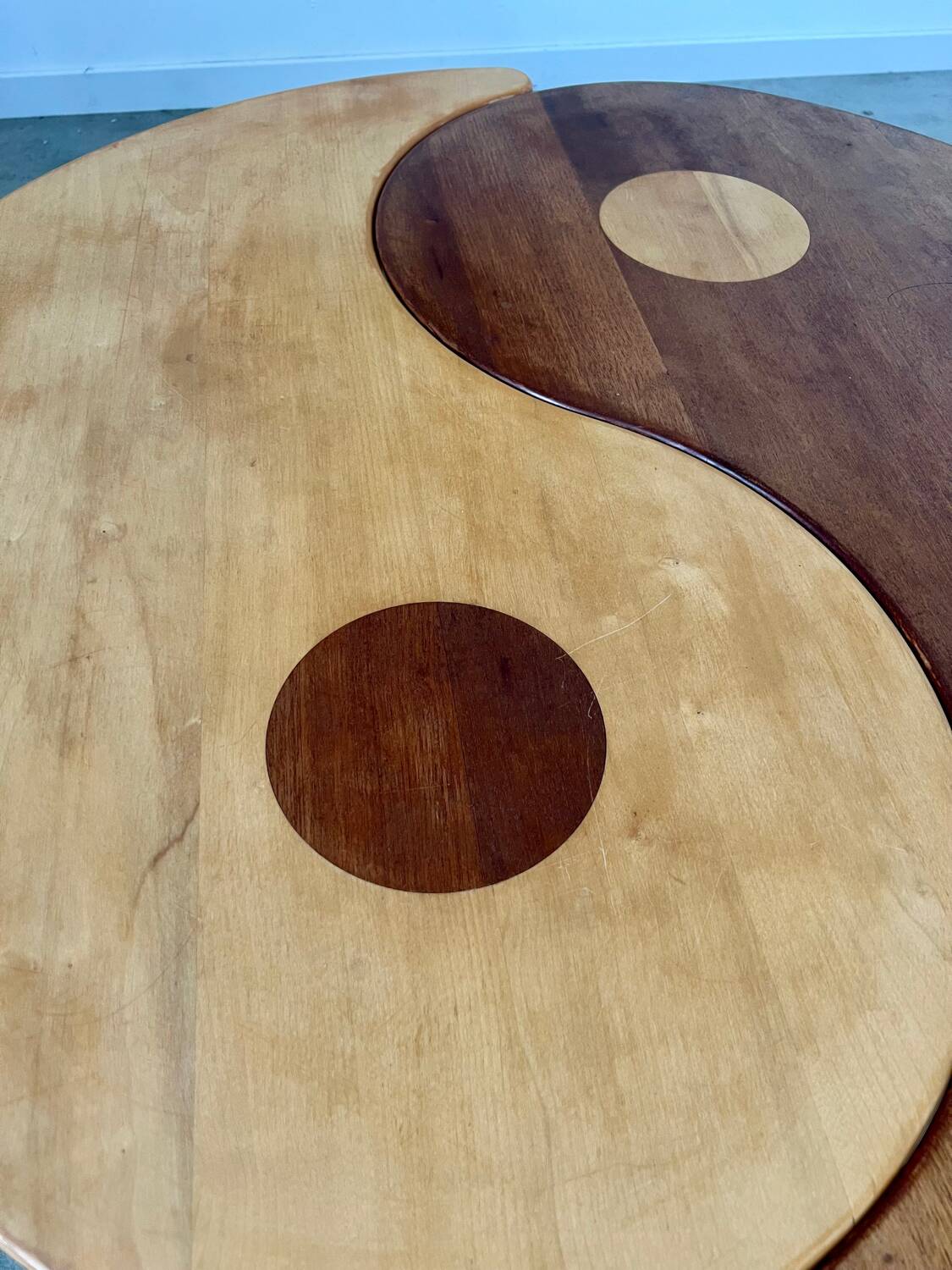 Solid wood coffee table with 2 Yin and Yang elements vintage 60s
