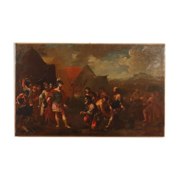 Ancient painting with a historical subject, oil on canvas, 17th century.