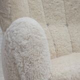1960s, Danish design, reupholstered highback armchair, genuine sheepskin.