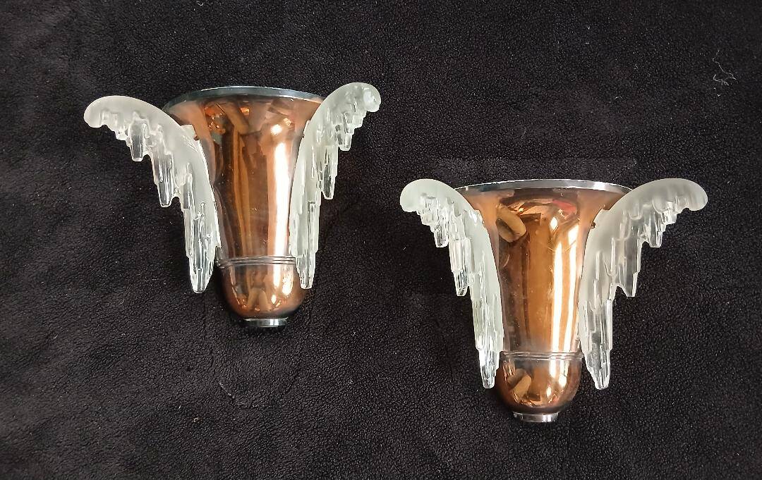 Exceptional pair of art deco wall lights by ezan france & copper metal