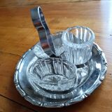 Glass salt and pepper shakers, stainless steel tray