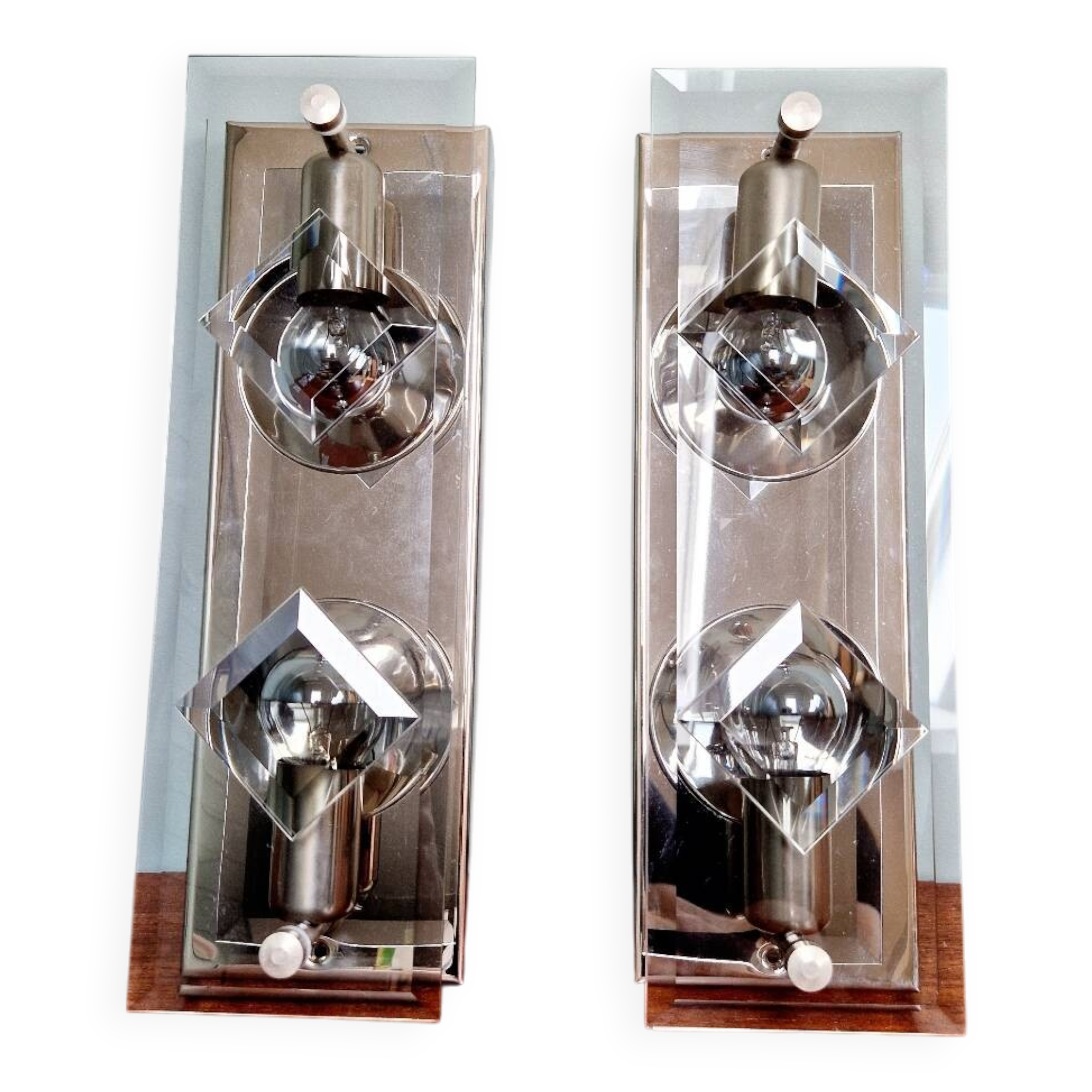 Pair of chrome metal and smoked glass wall sconces, 1970s.