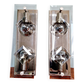 Pair of chrome-plated metal and smoked glass wall lights, 1970s