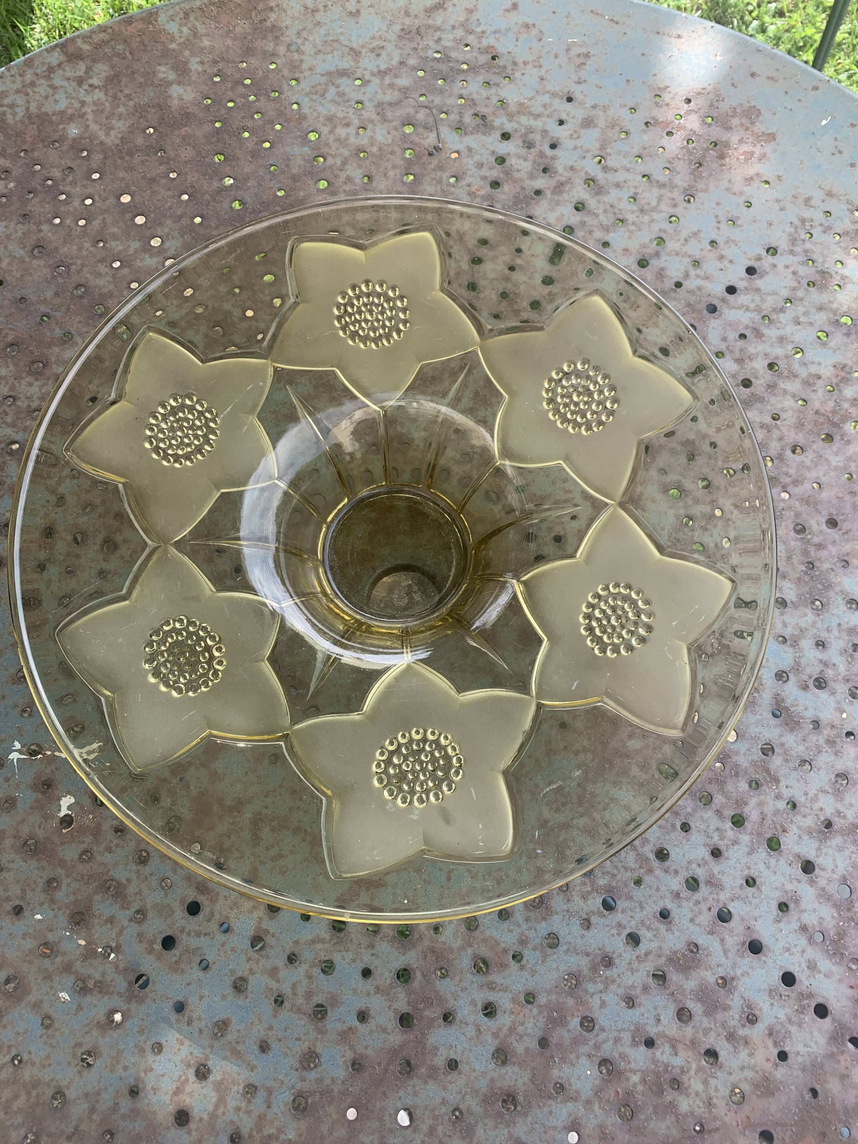 Large glass and frosted glass fruit bowl, yellow, floral pattern