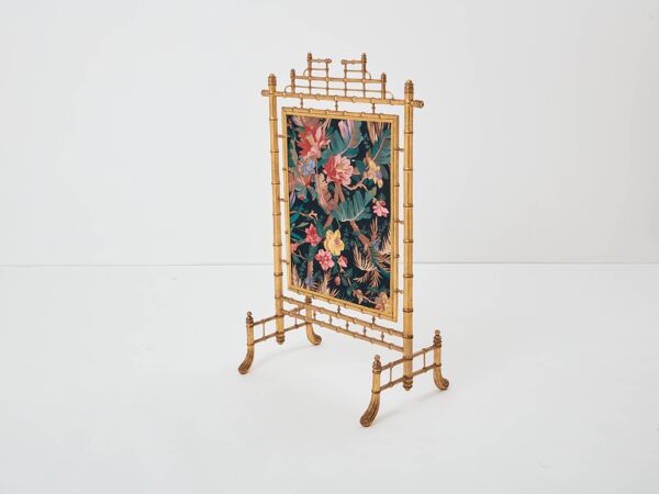 Pare feu décoratif bois doré faPare feu décoratif bois doré façon bamçon bambou et soierie années 60
