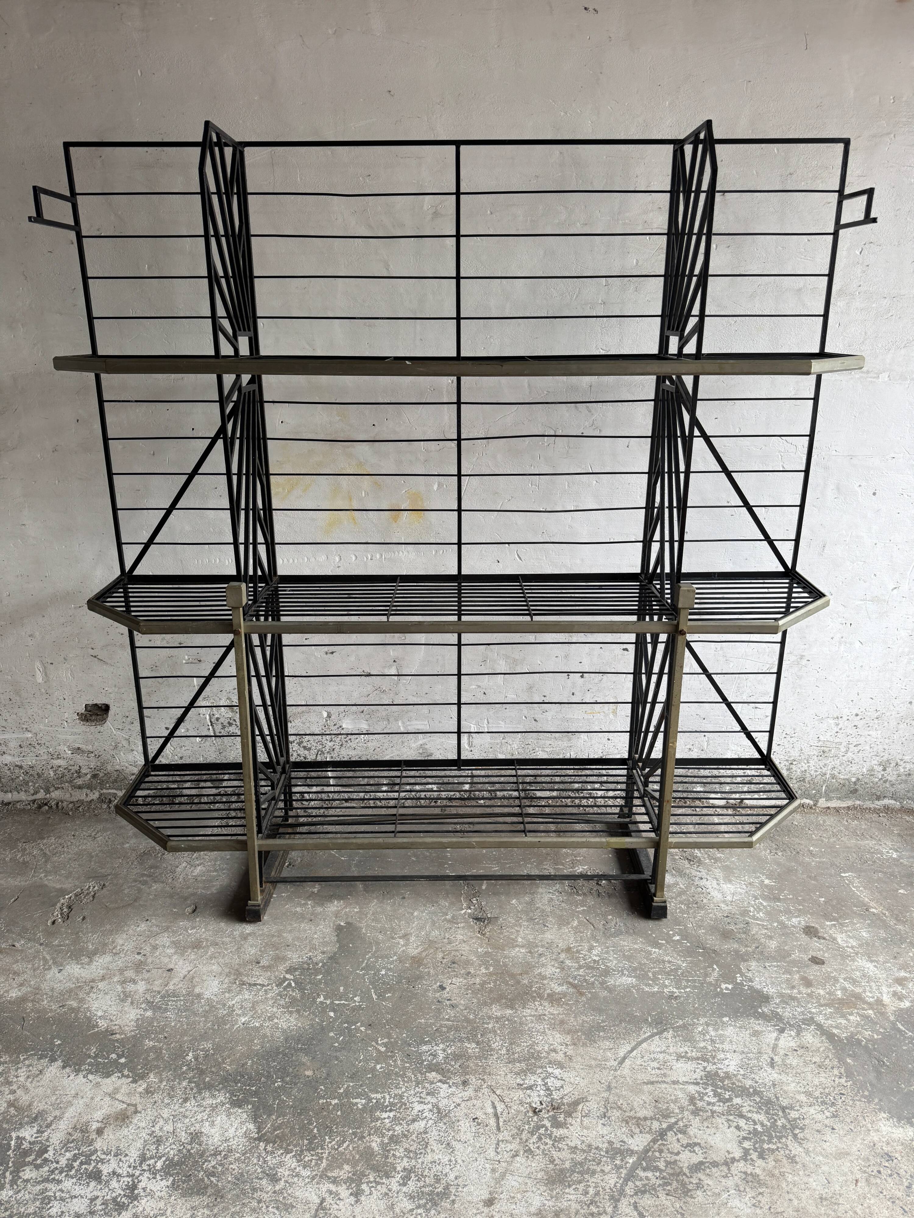 Large Black Powder-Coated Metal Industrial Baker's Rack — Three-Tier Display and Storage Unit, Brass Trim