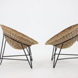 1960s pair of rattan woven basket chair with hairpin legs