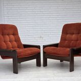 1970s, Danish armchair, orange/red furniture velour, dark oak wood.