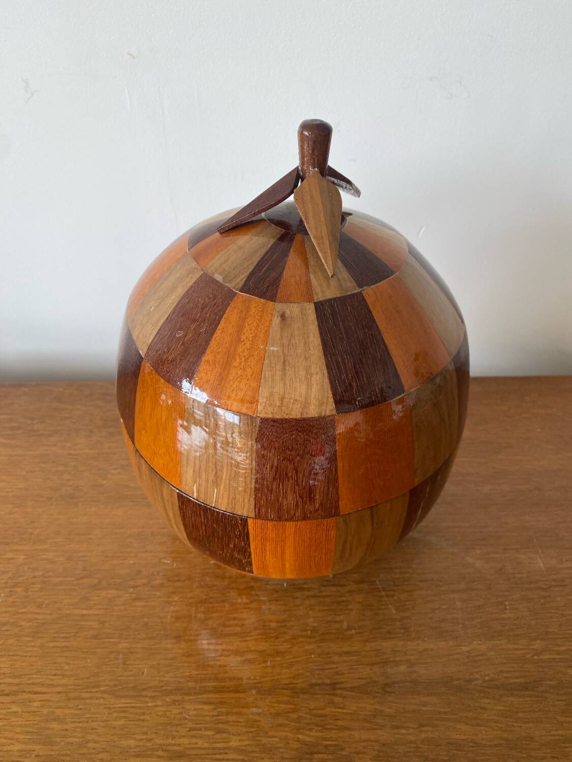 Antique Coconut Ice Bucket Wood Marquetry 1950s Vintage