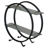 Decorative shelf unit, round metal frames with curved legs and glass shelves, 1960.