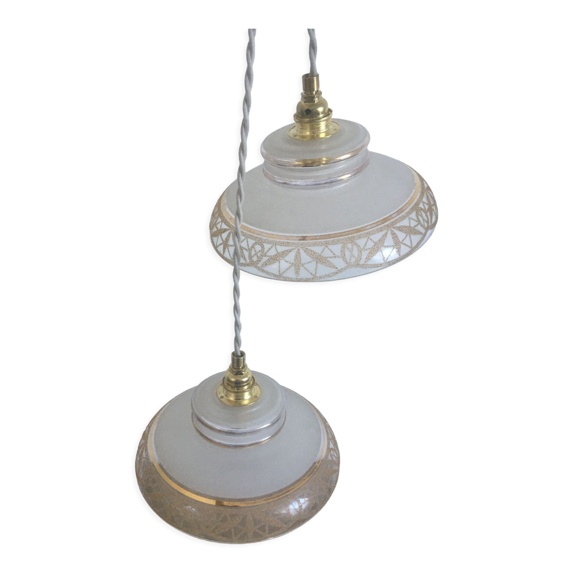 Pair of suspensions in white & gold frosted glass