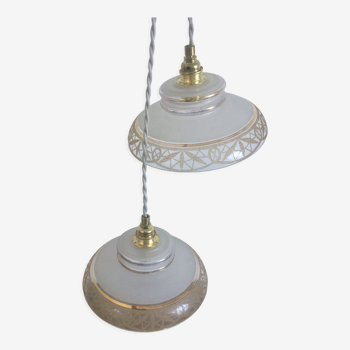 Pair of suspensions in white & gold frosted glass