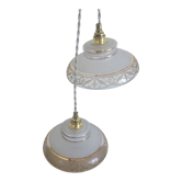 Pair of suspensions in white & gold frosted glass