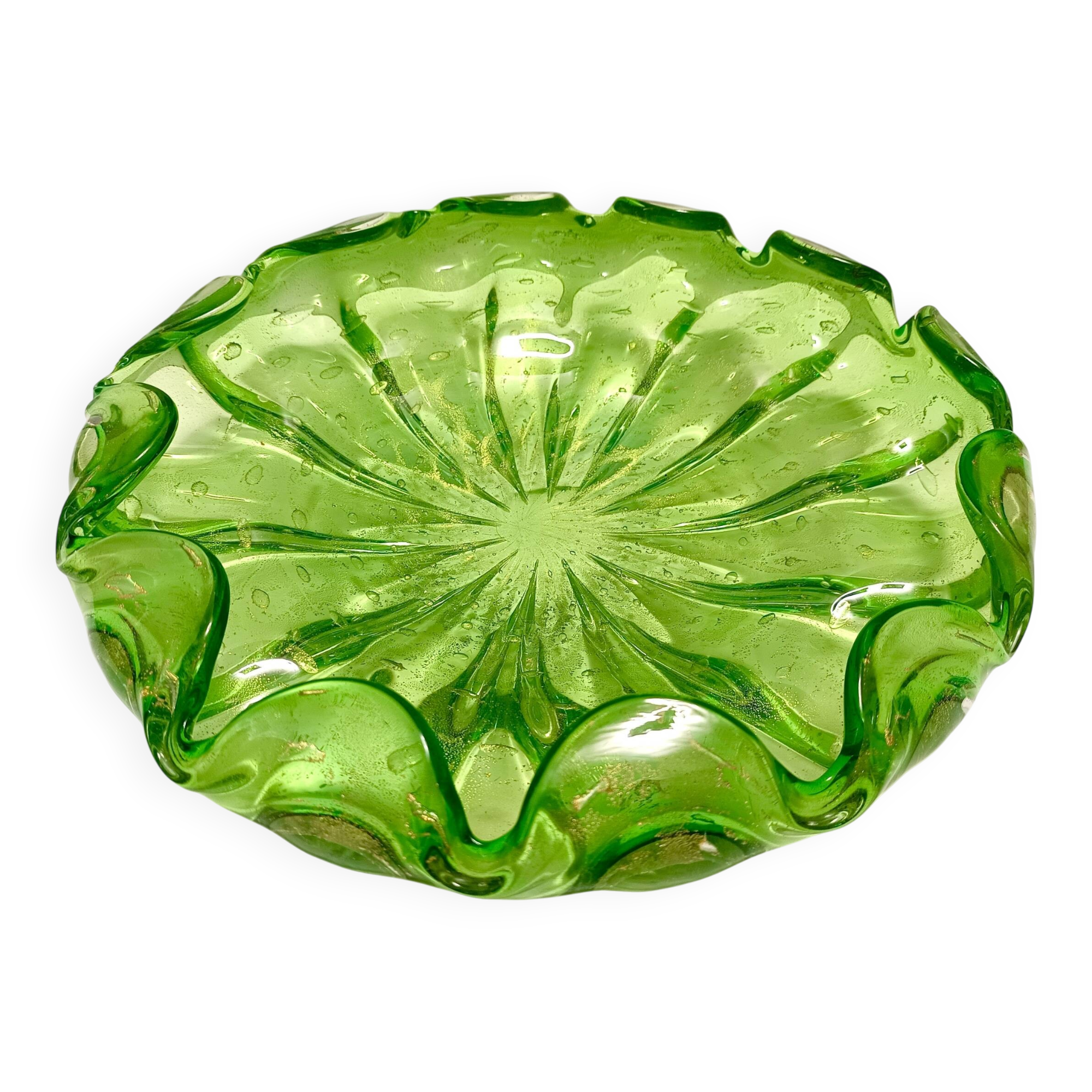 Large Green Bullicante Murano Glass Bowl or Centerpiece with Gold Leaf