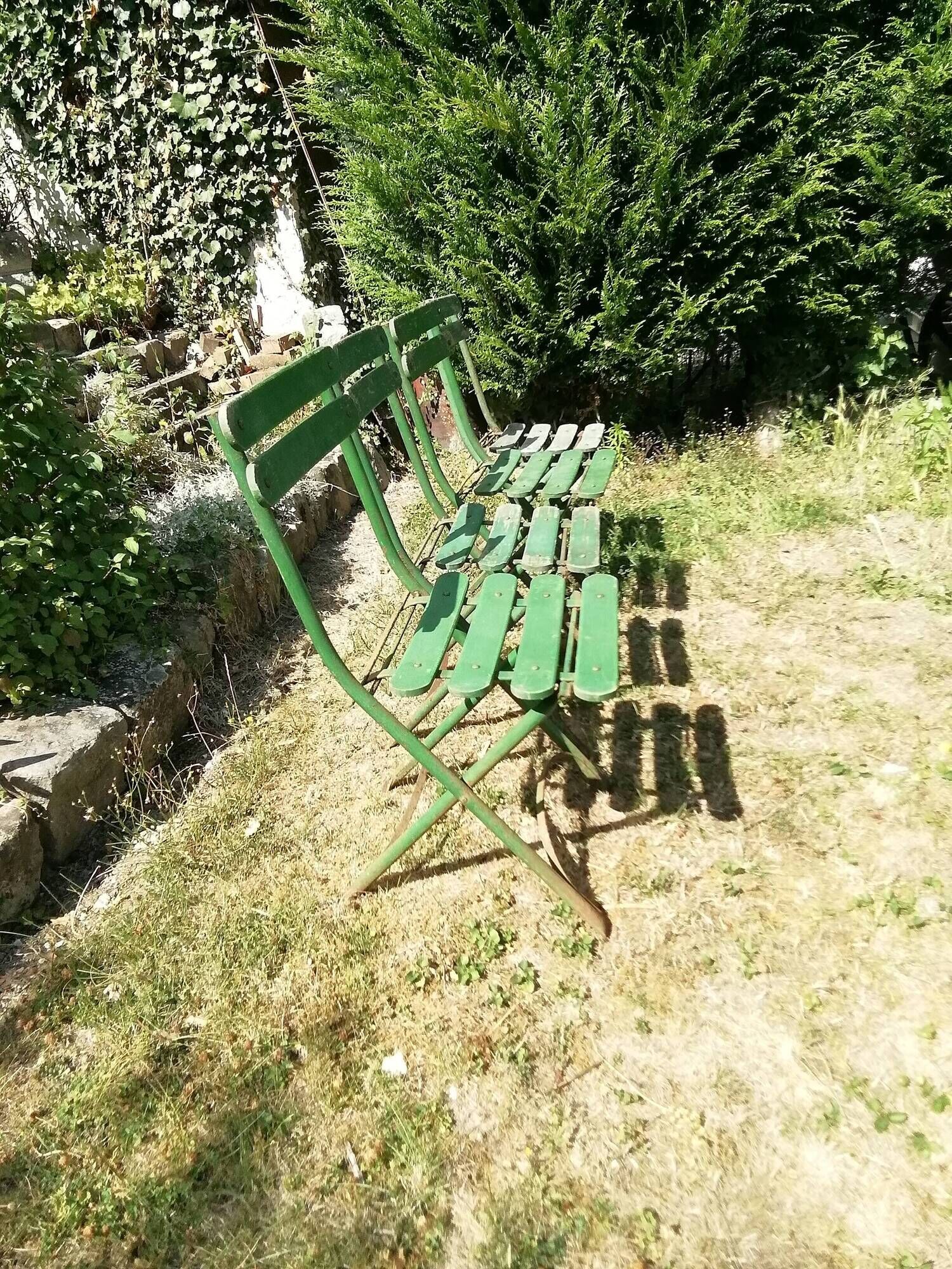 4 old iron and wood garden folding chairs