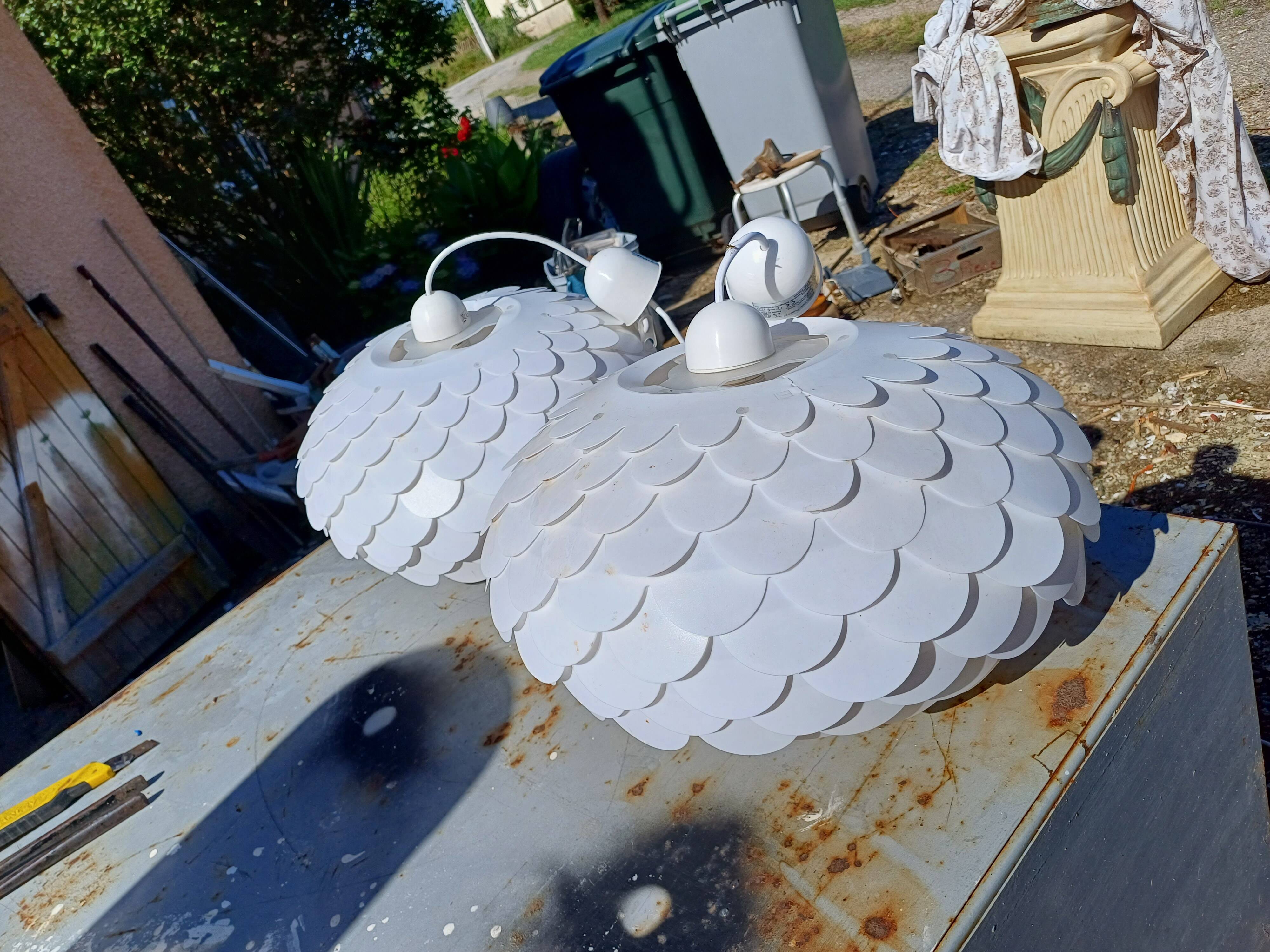 Pair of vintage white plastic pendant lights