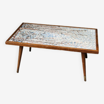 Table basse années 50, pieds fuseaux, mosaïque d'art