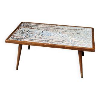 Table basse années 50, pieds fuseaux, mosaïque d'art