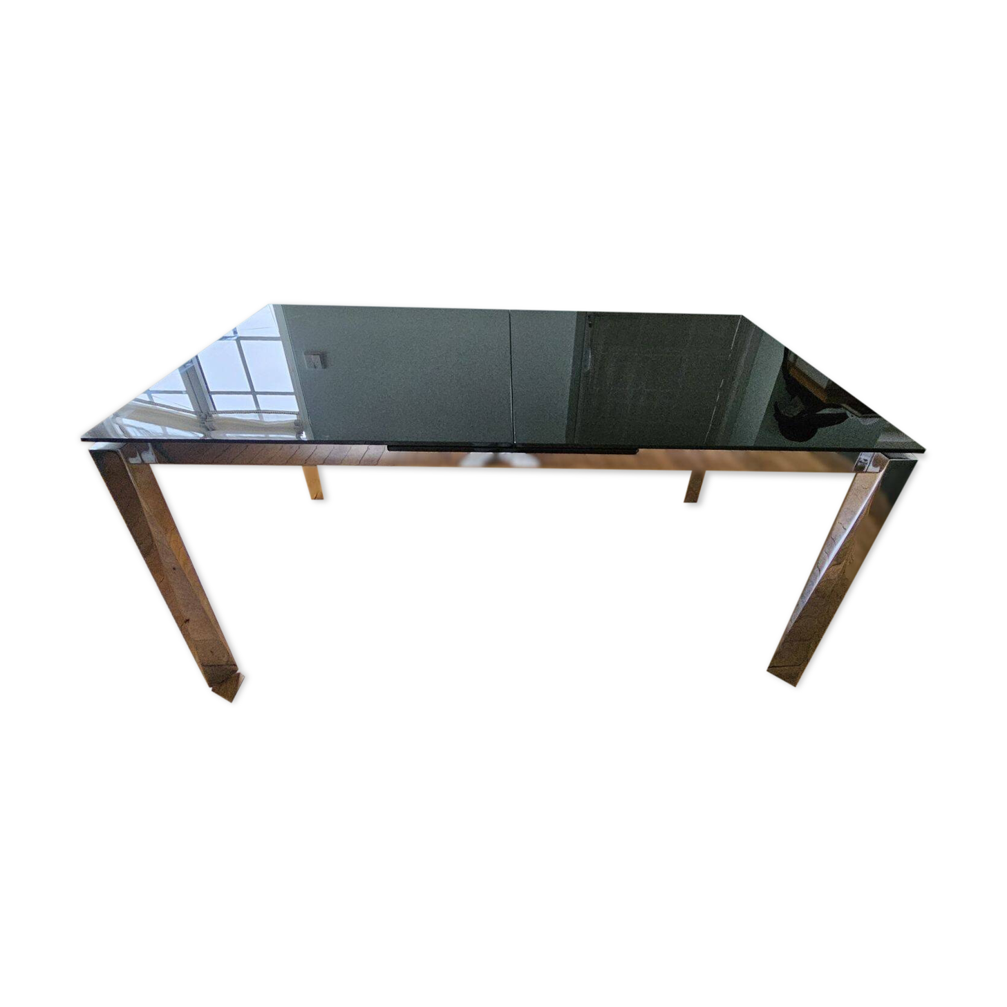 Italian Design Extendable Table in Black Glass and Chrome Legs 1980