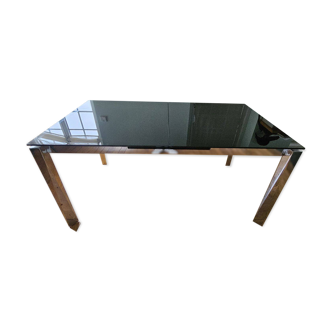 Table Extensible Design Italien En Verre Noir Et Pieds Chromés 1980