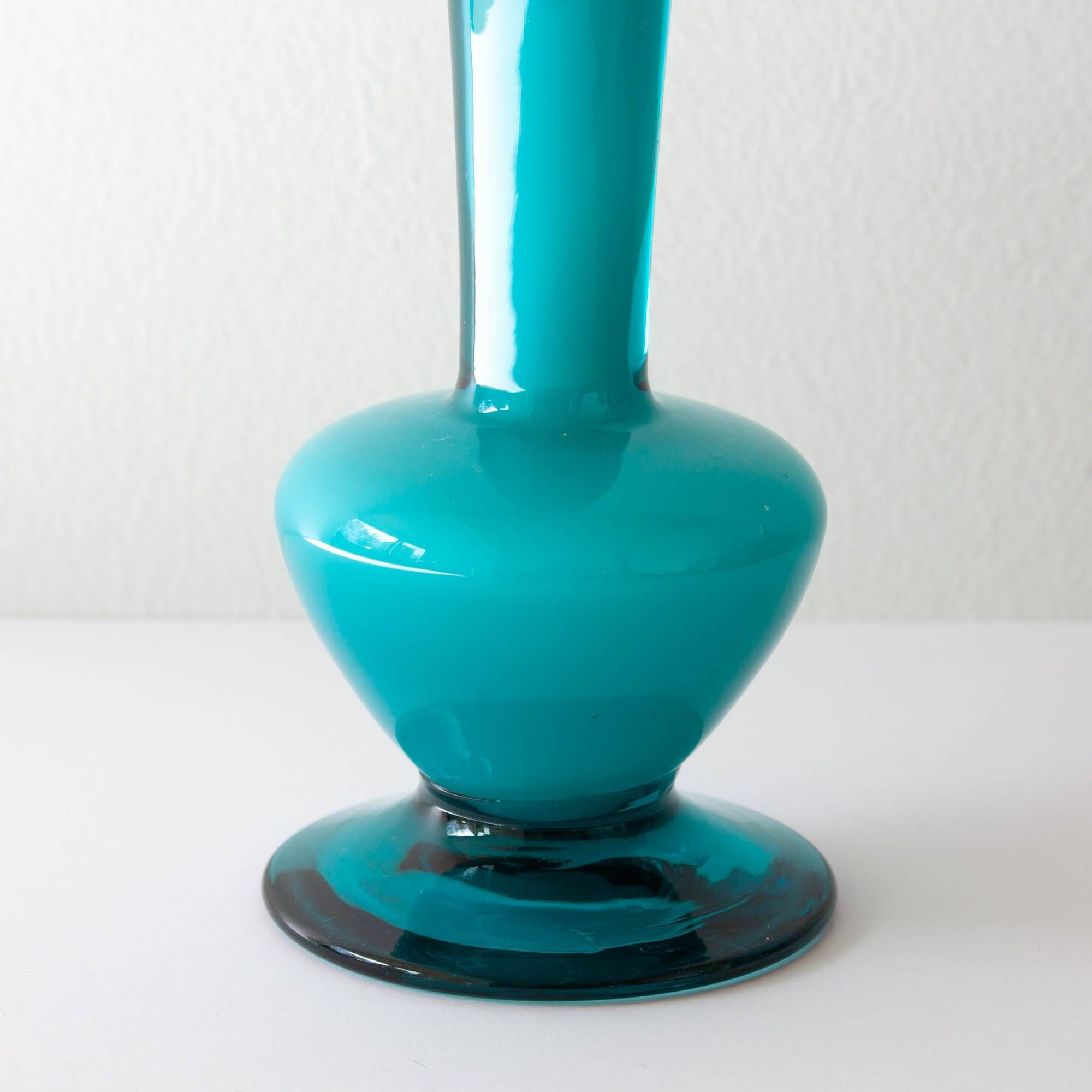 Vintage 1960s Portuguese Blue Glass Vase with Foot