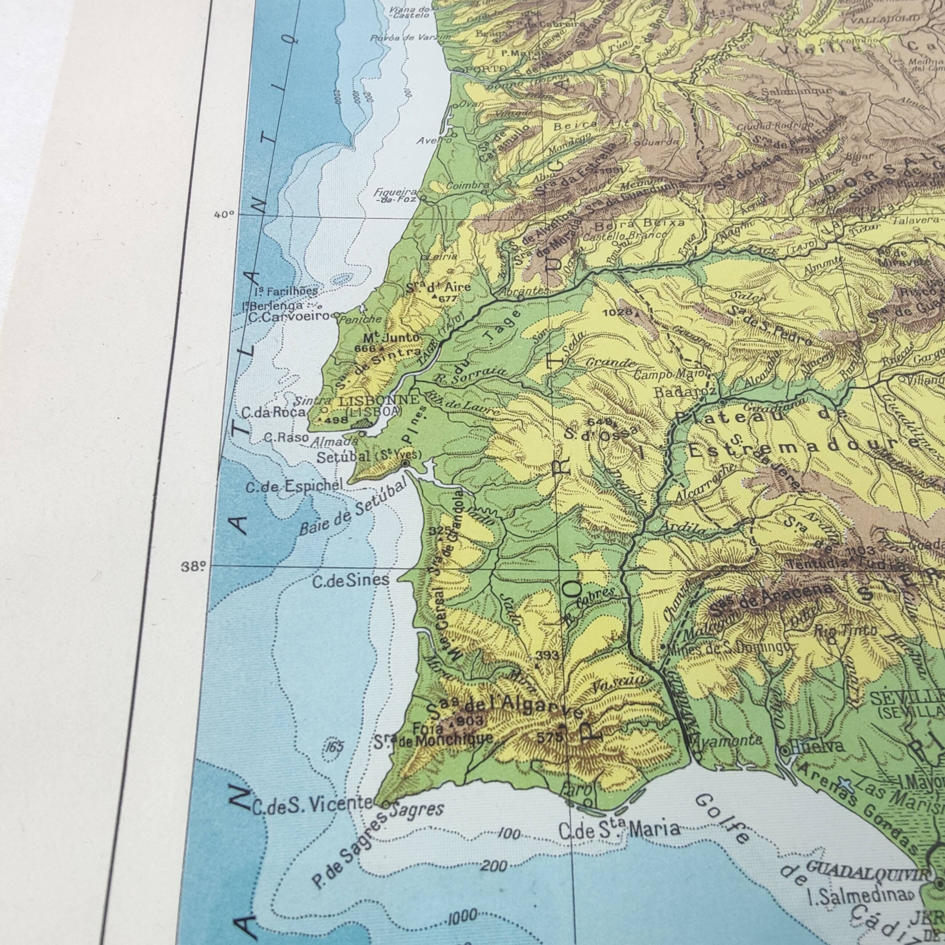 Spain and Portugal map in vintage colors 43x43cm from 1950