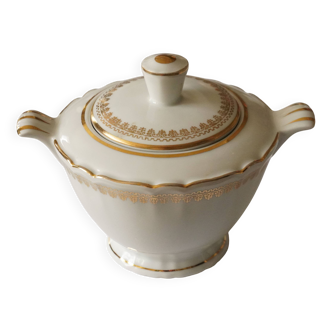 White porcelain sugar bowl/sugar pot with gilt trim, Evor France