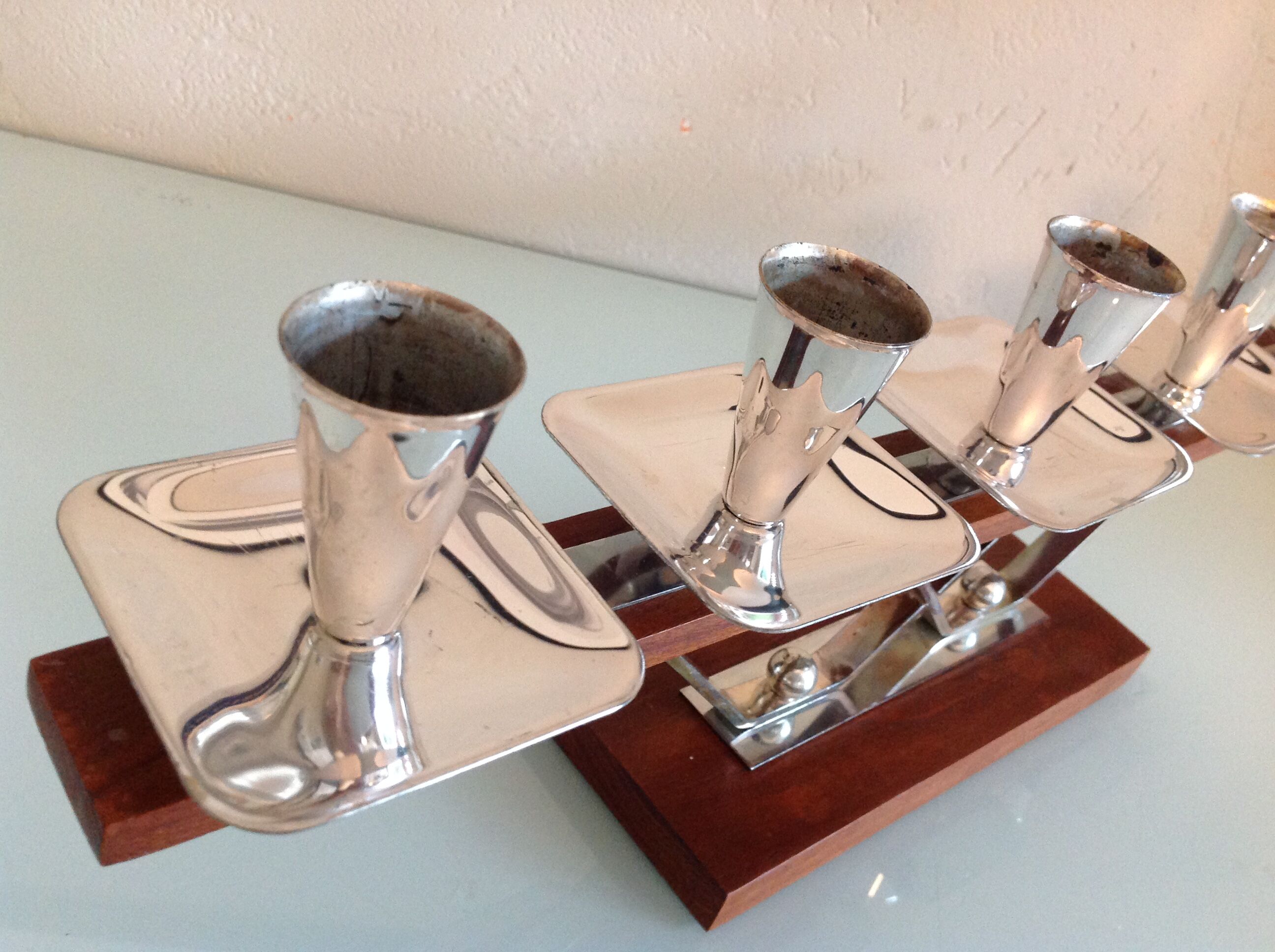 Five-head chandelier in teak and chrome metal Scandinavian style / vintage 60s-70s