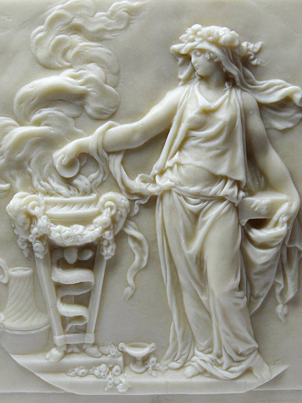 Small limestone bas-relief of petrifying fountains, antique scene, vintage