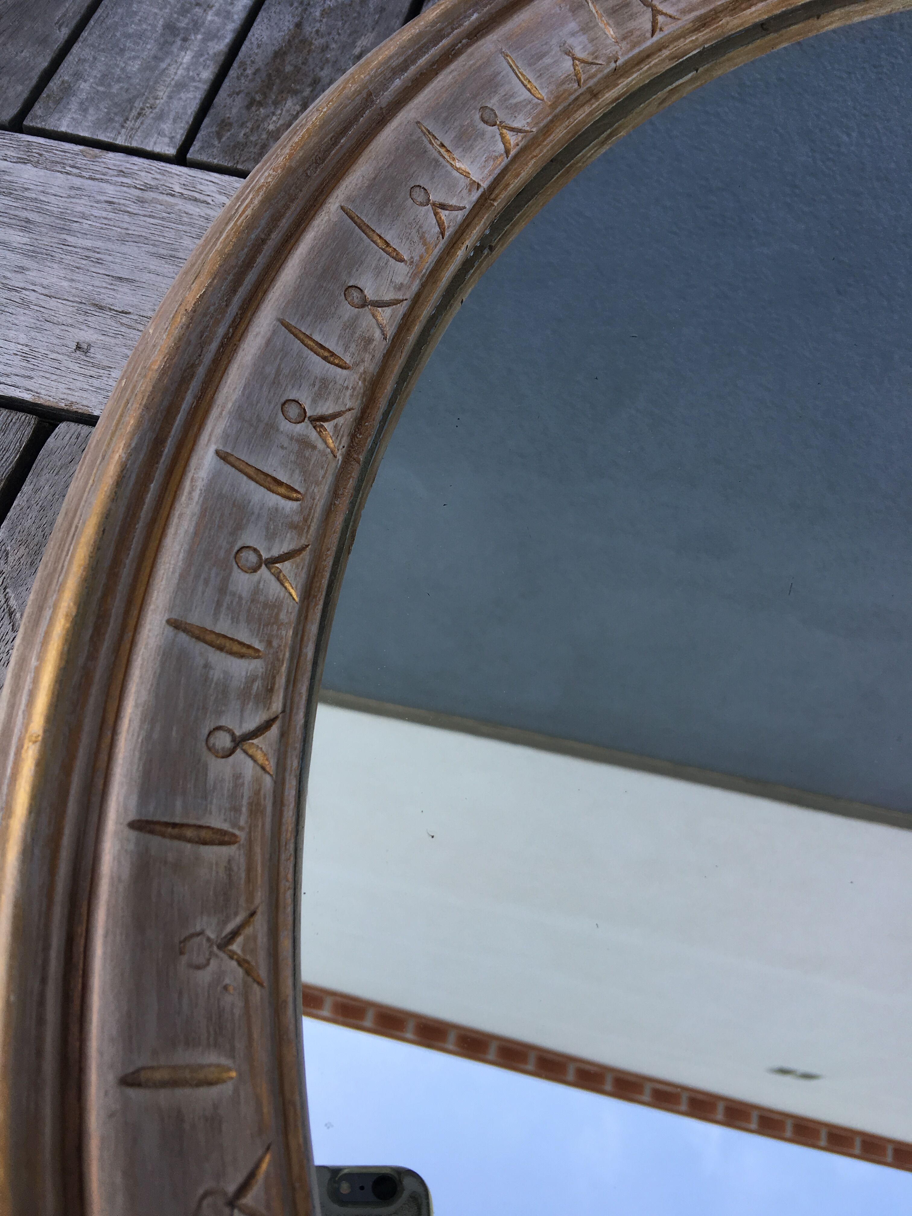 Large round mirror frame patinated wood 70 cm
