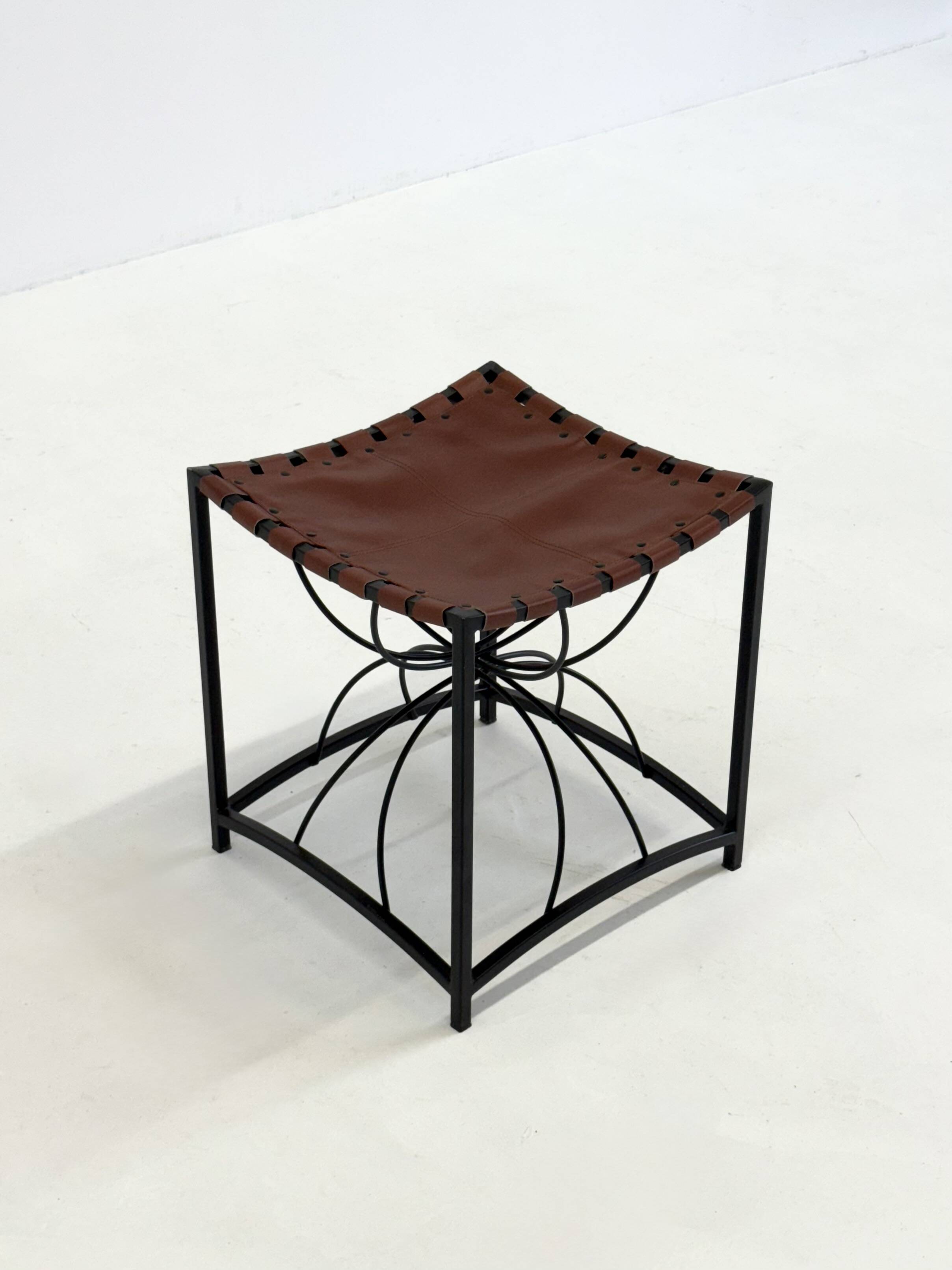 French elegant vintage stool with black metal and brown leather