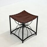 French elegant vintage stool with black metal and brown leather