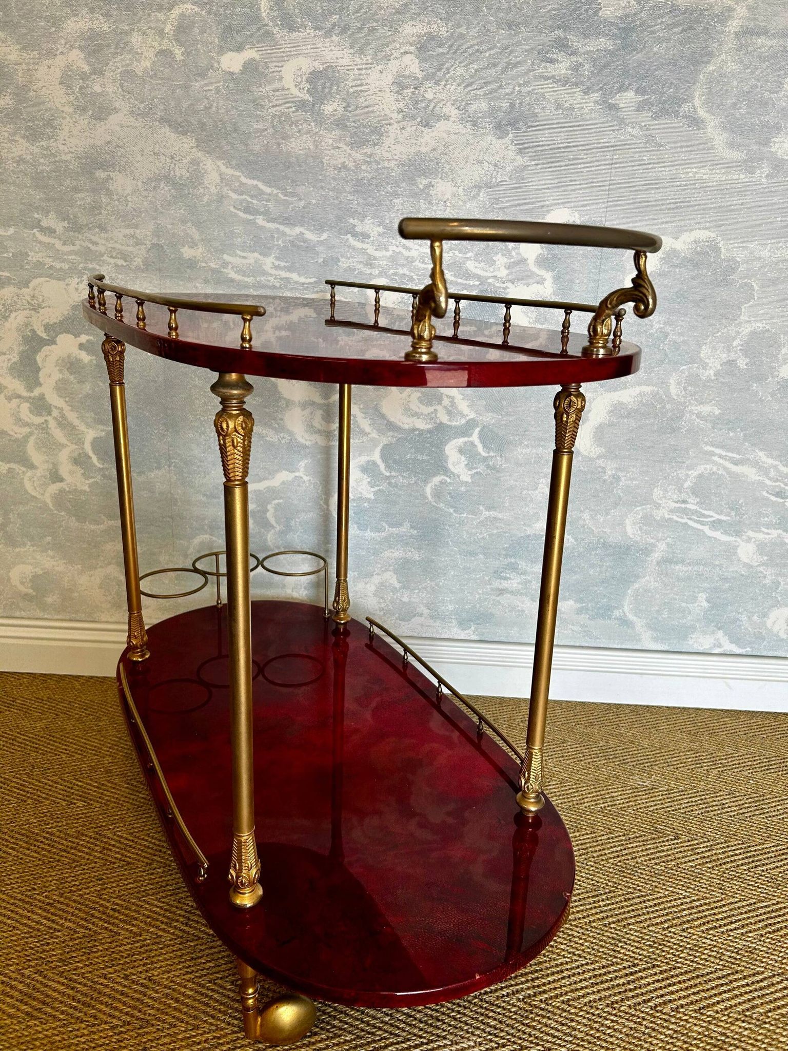Cherry-red bar cart by Aldo Tura, Italy, 1960s, Hollywood Regency