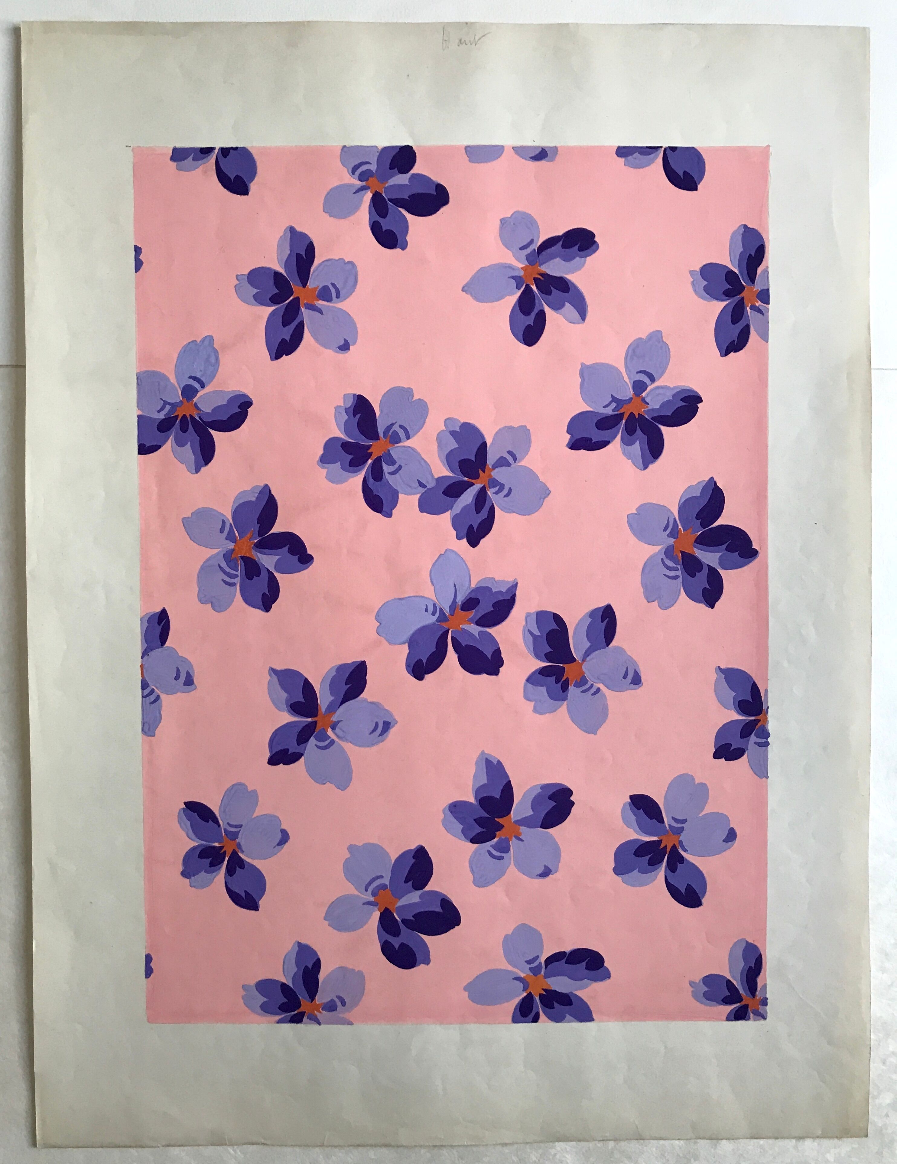 Original gouache on paper from Editions JEHLEM, floral decoration (purple), twentieth century, Paris