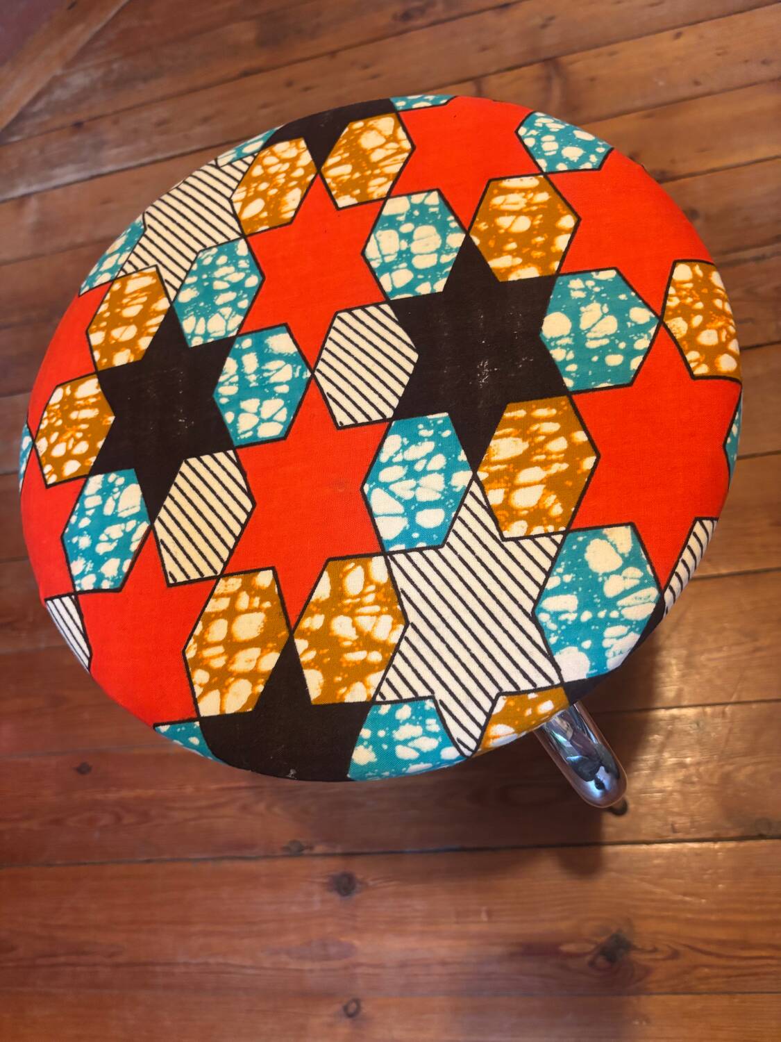 Vintage stool, new wax fabric