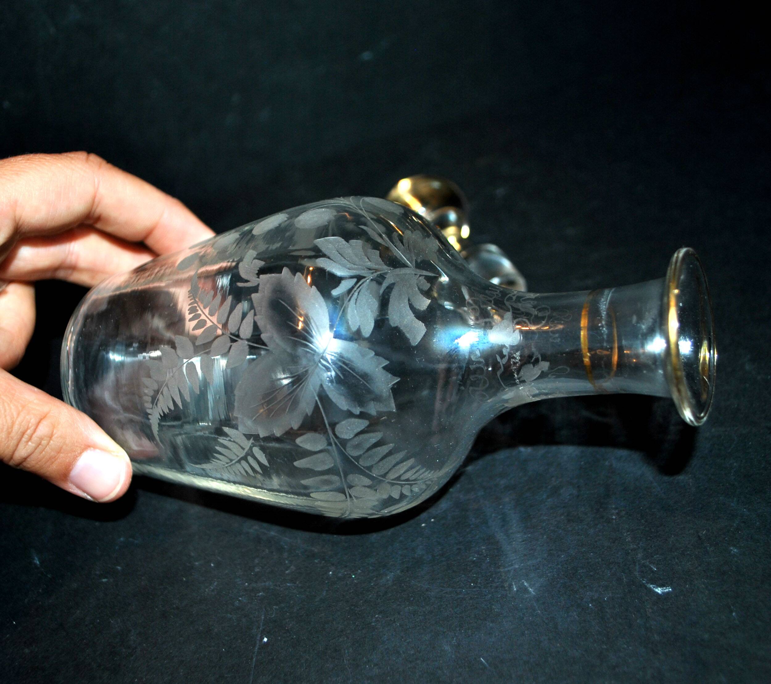 Carafe à liqueur 1900 en cristal soufflé gravé fougère muguet Cave à liqueur Cabaret