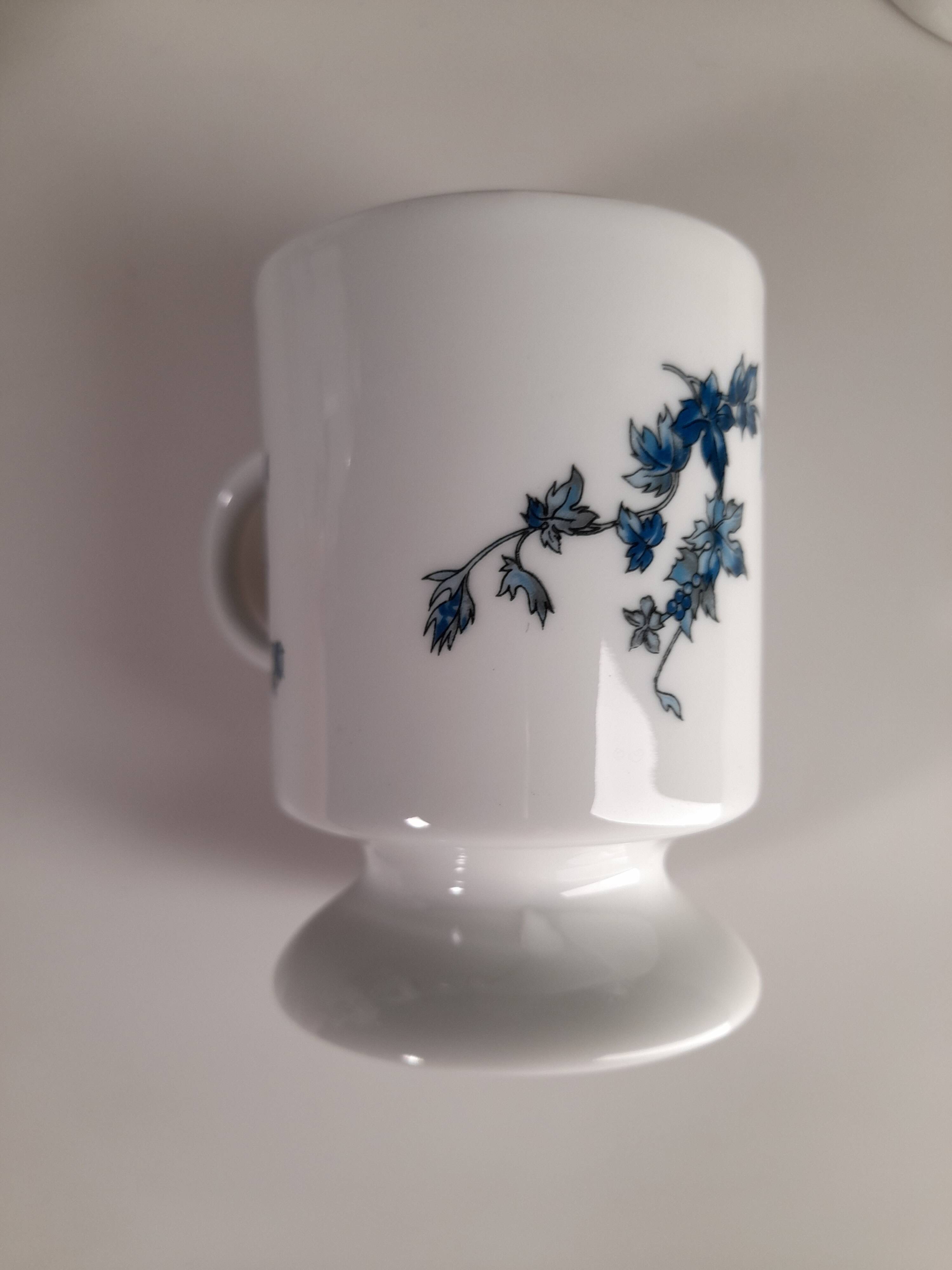 Set of sugar bowls and 7 mugs / cups with blue flowers in Limoges porcelain